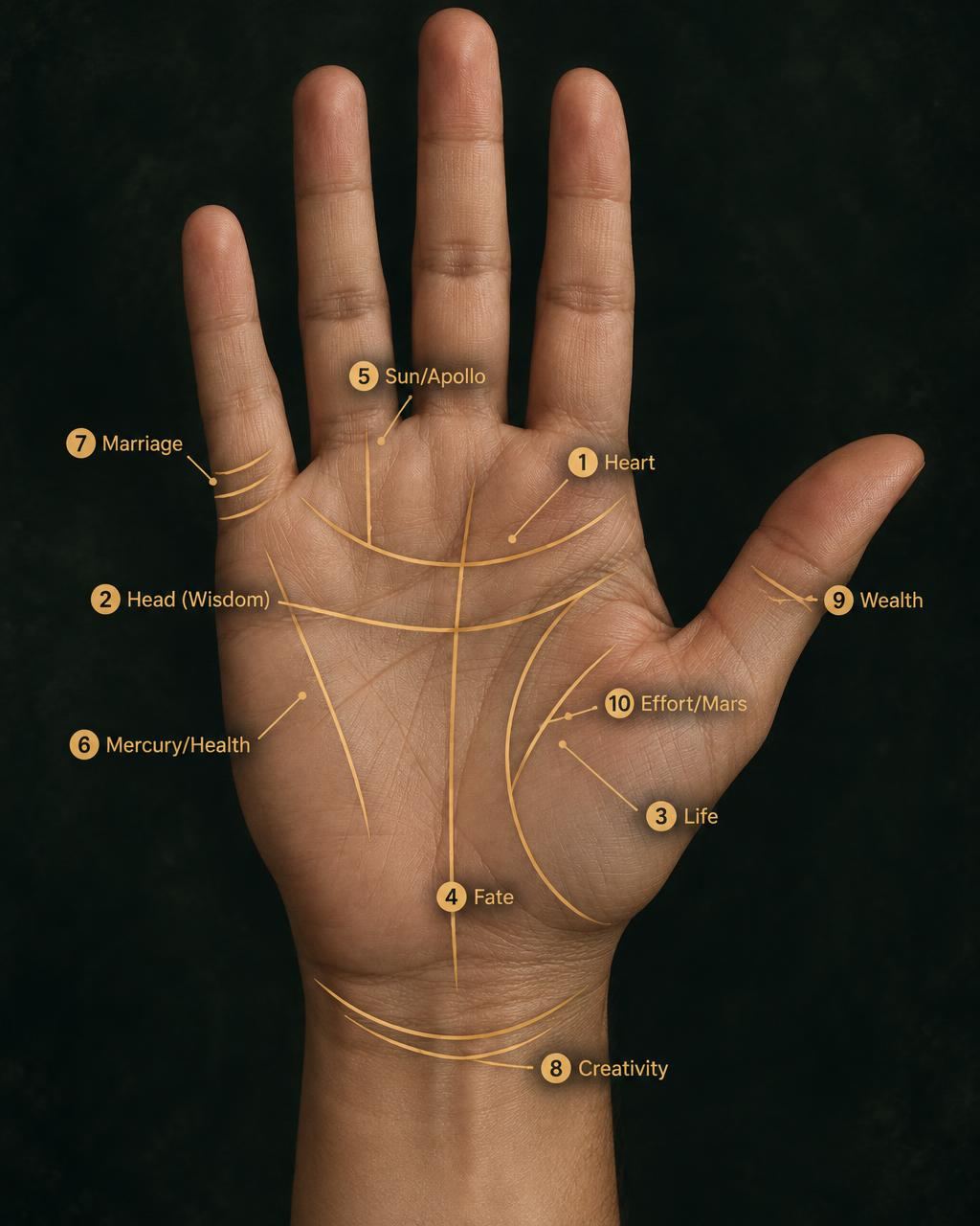 Reference palm annotated with the ten lines Palm Destiny reads